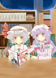 Rule 34 | 2girls, bat wings, blue hair, blush, book, bookshelf, bunchou (bunchou3103), chair, crescent, female focus, hat, hat ribbon, head wings, highres, koakuma, konpaku youki, library, long hair, magazine (object), multiple girls, open book, open mouth, patchouli knowledge, purple eyes, purple hair, reading, red eyes, red hair, remilia scarlet, ribbon, short hair, sitting, slit pupils, smile, table, embodiment of scarlet devil, touhou, translation request, v-shaped eyebrows, voile, wings