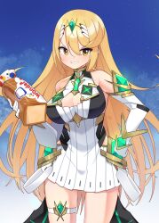 Rule 34 | 1girl, blonde hair, bread, breasts, cleavage, farrel kb, food, grin, highres, large breasts, loaf of bread, long hair, looking at viewer, mile, mythra (xenoblade), smile, solo, thighs, tiara, xenoblade chronicles (series), xenoblade chronicles 2, yellow eyes
