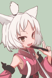 Rule 34 | 1girl, :d, animal ears, armpits, azur lane, bare shoulders, breasts, brown eyes, detached sleeves, fang, folding fan, green background, hand fan, holding, holding fan, looking at viewer, open mouth, sash, short hair, shouhou (azur lane), silver hair, simple background, small breasts, smile, solo, sumiyao (amam), topknot, upper body