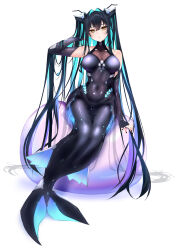 08m- 1girl absurdres aqua_hair black_hair bodysuit breasts colored_inner_hair commentary covered_navel english_commentary full_body goddess_of_victory:_nikke hair_intakes hand_up highres large_breasts latex little_mermaid_(nikke) long_hair mermaid_costume monofin multicolored_hair simple_background skin_tight solo twintails two-tone_hair very_long_hair white_background yellow_eyes