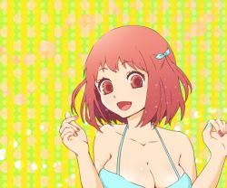 Rule 34 | 1girl, bad id, bad pixiv id, breasts, brown eyes, brown hair, cleavage, hataraku maou-sama!, large breasts, open mouth, sasaki chiho, short hair, simple background, solo