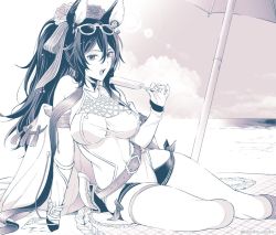 Rule 34 | 1girl, animal ears, arm support, armband, backless swimsuit, beach towel, beach umbrella, belt, breasts, cleavage, cloud, covered navel, detached sleeves, erune, eyewear on head, feet out of frame, flower, food, granblue fantasy, hair flower, hair ornament, heysho, horizon, ilsa (granblue fantasy), jacket, large breasts, long hair, looking at viewer, one-piece swimsuit, open mouth, popsicle, sitting, solo, sunglasses, swimsuit, teeth, towel, twitter username, umbrella, yokozuwari