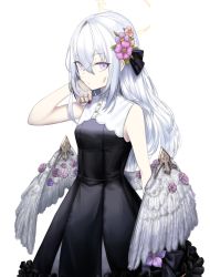 Rule 34 | 1girl, absurdres, aimpoleume, angel wings, azusa (blue archive), black dress, blood, blood on gloves, blue archive, dress, flower, gloves, hair between eyes, hair flower, hair ornament, halo, hand on own chin, highres, long hair, looking at viewer, multicolored eyes, purple eyes, silver hair, simple background, sleeveless, solo, white background, wing ornament, wings