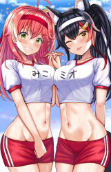 Rule 34 | 2girls, ;p, absurdres, ahoge, alternate costume, animal ear fluff, animal ears, bell, black hair, blush, breasts, green eyes, gym shirt, gym shorts, gym uniform, hair bell, hair between eyes, hair ornament, hairclip, headband, highres, holding hands, hololive, long hair, looking at viewer, multicolored hair, multiple girls, navel, nootomo, one eye closed, ookami mio, open mouth, pink hair, red hair, sakura miko, shirt, shorts, smile, streaked hair, tail, teeth, tongue, tongue out, virtual youtuber, wolf ears, wolf girl, wolf tail, x hair ornament, yellow eyes