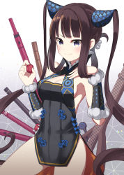 Rule 34 | 1girl, bad id, bad pixiv id, bare shoulders, black dress, blue eyes, blunt bangs, blush, breasts, china dress, chinese clothes, cleavage, closed mouth, coconat summer, detached sleeves, dress, fate/grand order, fate (series), flute, gradient background, grey background, hair ornament, hand on own chest, hand up, highres, instrument, large breasts, long hair, looking at viewer, lychee, pipa (instrument), purple hair, side slit, sidelocks, smile, solo, thighs, twintails, very long hair, yang guifei (fate), yang guifei (second ascension) (fate)