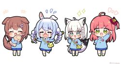 Rule 34 | +++, 0725akaba, 4girls, :d, ^ ^, aged down, ahoge, animal ear fluff, animal ears, arm up, bag, bell, blue hair, blue shirt, blue shorts, blush, bone hair ornament, bow, braid, brown hair, candy, candy wrapper, carrot hair ornament, cartoon bone, chibi, closed eyes, collared shirt, commentary request, crying, dog ears, dog girl, dog tail, facing viewer, fangs, flying sweatdrops, food, food-themed hair ornament, fox ears, fox girl, fox tail, green eyes, hair bell, hair bow, hair ornament, hairclip, highres, holding, holding food, hololive, inugami korone, jingle bell, kindergarten bag, kindergarten uniform, long hair, long sleeves, looking at viewer, multicolored hair, multiple girls, notice lines, one side up, open mouth, pink hair, puffy long sleeves, puffy sleeves, purple bow, rabbit ears, sakura miko, shirakami fubuki, shirt, shoes, short eyebrows, shorts, shoulder bag, simple background, sleeves past wrists, smile, socks, sparkle, standing, standing on one leg, streaming tears, tail, tears, thick eyebrows, twin braids, twintails, twitter username, two-tone hair, usada pekora, very long hair, virtual youtuber, white background, white bow, white hair, white socks, wrapped candy, x hair ornament, yellow footwear