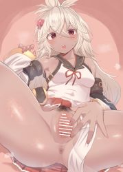 Rule 34 | 1girl, ahoge, anus, bar censor, bare shoulders, blonde hair, censored, clothing aside, dark skin, detached sleeves, female focus, female pubic hair, granblue fantasy, hair ornament, highres, long hair, looking at viewer, makabe gorou, nail polish, open mouth, pleated skirt, pubic hair, pussy, pussy juice, red eyes, simple background, sitting, skirt, solo, spread legs, spread pussy, steaming body, sweat, zooey (granblue fantasy)