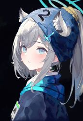 Rule 34 | 1girl, absurdres, alternate hairstyle, animal ear fluff, animal ears, balaclava, black background, blazer, blue archive, blue eyes, blue mask, blue scarf, blush, cross hair ornament, girl with a pearl earring, grey hair, hair ornament, halo, highres, id card, jacket, looking at viewer, mask, mask on head, medium hair, mismatched pupils, p1up1u, parted lips, ponytail, scarf, shiroko (blue archive), solo, striped clothes, striped scarf, upper body, wolf ears