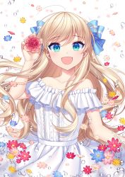 Rule 34 | 1girl, air bubble, bare shoulders, blonde hair, bow, bubble, collarbone, commentary, dress, floating hair, flower, green eyes, hair between eyes, hair bow, highres, holding, holding flower, jenevan, long hair, looking at viewer, moe2020, off-shoulder dress, off shoulder, original, sidelocks, sundress, swept bangs, white background, white dress