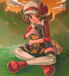 Rule 34 | 00s, 1girl, bad id, bad pixiv id, blush, brown eyes, brown hair, creatures (company), game freak, gen 3 pokemon, hat, hat ribbon, hitoto, hug, indian style, lyra (pokemon), mawile, nintendo, pokegear, pokemon, pokemon (creature), pokemon hgss, red ribbon, ribbon, short hair, sitting, thighhighs, tsundere, twintails