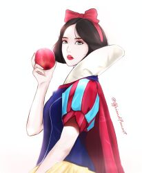 1girl apple bow brown_hair cape commentary cosplay disney eunha_(gfriend) food fruit gfriend gfriendfanart hair_bow high_collar holding holding_food holding_fruit k-pop puffy_short_sleeves puffy_sleeves real_life red_bow red_cape red_lips short_hair short_sleeves simple_background snow_white snow_white_(disney) snow_white_(disney)_(cosplay) snow_white_and_the_seven_dwarfs solo twitter_username upper_body white_background