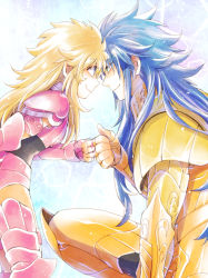 Rule 34 | 1boy, 1girl, aged down, armor, blonde hair, blue eyes, blue hair, child, clenched hand, closed mouth, commentary request, eye contact, gemini kanon, gold armor, height difference, kneeling, long hair, looking at another, mermaid thetis, saint seiya, shichimiso, smile, standing