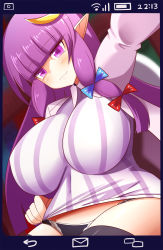 Rule 34 | 1girl, book, breasts, crescent, crescent hair ornament, crescent pin, dress, gero zoukin, hair ornament, highres, large breasts, library, long hair, patchouli knowledge, pointy ears, purple eyes, purple hair, selfie, solo, striped clothes, striped dress, touhou, vertical-striped clothes, vertical-striped dress, very long hair