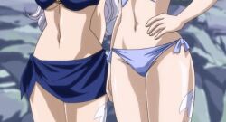 Rule 34 | 2girls, animated, animated gif, ass, bikini, blue eyes, breasts, cleavage, dimples of venus, english text, fairy tail, female focus, large breasts, lisanna strauss, long hair, mirajane strauss, multiple girls, navel, o-ring, o-ring bikini, pool, short hair, siblings, sisters, swimsuit, tattoo, water, white hair, wide hips