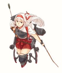 Rule 34 | 1girl, armor, arrow (projectile), boots, bow (weapon), breastplate, brown eyes, brown gloves, full body, gloves, hairband, holding, holding bow (weapon), holding weapon, kantai collection, long hair, machinery, partially fingerless gloves, partly fingerless gloves, pleated skirt, red hairband, red skirt, shoukaku (kancolle), simple background, single glove, skirt, smile, solo, thigh boots, thighhighs, weapon, weidashming, white background, white hair, yugake, yumi (bow)