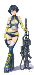 Rule 34 | 1girl, absurdres, bare shoulders, black hair, blue eyes, blue hair, bullpup, capacitor, chaps, coilgun, detached sleeves, dmitry popov, dragon, flat chest, grin, gun, gun sling, highres, holster, hypnophobia, kat wong, long image, magnetic weapon, matching hair/eyes, midriff, multicolored hair, navel, open fly, revealing clothes, scope, short hair, short shorts, shorts, simple background, smile, solo, strap slip, tall image, thigh gap, thigh holster, thigh strap, thighhighs, thighs, two-tone hair, unzipped, weapon, white thighhighs, zipper