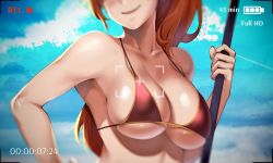 Rule 34 | 1girl, bad id, bad twitter id, beach, bikini, blush, breasts, collarbone, commission, day, large breasts, long hair, looking at viewer, lulu-chan92, md5 mismatch, open mouth, original, panties, panty pull, ponytail, sky, smile, solo, swimsuit, underwear, weapon
