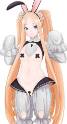 Rule 34 | 1girl, abigail williams (fate), abigail williams (festival outfit) (fate), absurdres, adapted costume, alternate hairstyle, animal ears, blonde hair, bloomers, blue eyes, blush, bow, breasts, closed mouth, covered erect nipples, fate/grand order, fate (series), forehead, hands up, heroic spirit festival outfit, highres, keyhole, long hair, long sleeves, looking at viewer, maebari, maid headdress, meme attire, navel, nipples, official alternate costume, orange bow, parted bangs, puffy sleeves, rabbit ears, revealing clothes, reverse bunnysuit, reverse outfit, shirt, shrug (clothing), sidelocks, simple background, skate1014, small breasts, smile, solo, thighs, twintails, underwear, very long hair, white background, white bloomers, white shirt