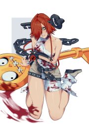 Rule 34 | 1girl, a.b.a, artist name, bandages, blood, bloody bandages, breasts, chain, green eyes, guilty gear, guilty gear xx, highres, homunculus, key in head, looking at viewer, medium breasts, medium hair, object through head, parted lips, red hair, scribbora, sitting, wariza