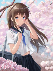Rule 34 | 1girl, absurdres, blue eyes, blue sailor collar, blue skirt, blurry, blurry background, blurry foreground, blush, branch, brown hair, cherry blossoms, closed mouth, cowboy shot, dalian (wlals088), hand on own chest, hand on own ear, highres, long hair, looking at viewer, navel, original, pleated skirt, sailor collar, school uniform, serafuku, shirt, short sleeves, skirt, smile, solo, standing, straight hair, tree, white shirt
