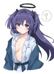 Rule 34 | 1girl, ?, absurdres, bath yukata, blue archive, blush, breasts, breasts apart, cropped torso, halo, highres, japanese clothes, kimono, long hair, looking at viewer, medium breasts, no bra, off shoulder, parted lips, purple eyes, purple hair, roton3737, sash, simple background, solo, spoken question mark, two side up, upper body, white background, yukata, yuuka (blue archive)