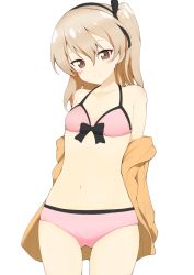 Rule 34 | 10s, 1girl, bare shoulders, bikini, black bow, black hairband, black ribbon, blush, bow, closed mouth, collarbone, cowboy shot, flat chest, flat color, front-tie bikini top, front-tie top, girls und panzer, hair between eyes, hair ribbon, hairband, halterneck, head tilt, jampen, long hair, looking at viewer, navel, off shoulder, one side up, open clothes, open shirt, orange shirt, pink bikini, ribbon, shimada arisu, shirt, simple background, smile, solo, standing, stomach, swimsuit, undressing, white background