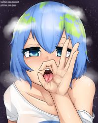 Rule 34 | 1girl, blue eyes, blue hair, collarbone, commentary, earth-chan, english commentary, fellatio gesture, green hair, hair between eyes, highres, joosi, looking at viewer, multicolored hair, off shoulder, open mouth, oral invitation, original, saliva, sexually suggestive, shirt, short hair, short sleeves, solo, space background, t-shirt, tongue, tongue out, two-tone hair, upper body, uvula, white shirt
