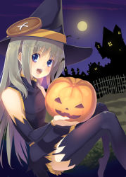 Rule 34 | bad id, bad pixiv id, blue eyes, costume, elbow gloves, full moon, gloves, halloween, hat, hisagi hotaru, jack-o&#039;-lantern, little busters!, long hair, moon, night, noumi kudryavka, pumpkin, purple thighhighs, silver hair, solo, thighhighs, witch, witch hat