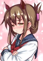 Rule 34 | 1girl, absurdres, anchor symbol, animal ears, black sailor collar, brown eyes, brown hair, commentary request, crossed arms, folded ponytail, highres, horse ears, inazuma (kancolle), kantai collection, long hair, long sleeves, looking at viewer, neckerchief, nukoyarou, pink background, pout, red neckerchief, sailor collar, school uniform, serafuku, solo, upper body