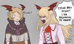 Rule 34 | 1boy, 1girl, bat wings, blonde hair, brother and sister, capelet, collared shirt, english text, frilled shirt collar, frills, granblue fantasy, grey background, grey shirt, head wings, highres, it&#039;s morbin&#039; time (meme), long hair, marvel, meme, morbius (film), open mouth, pink shirt, pointy ears, red eyes, sharp teeth, shirt, shirt tucked in, short hair, shrave, siblings, sidelocks, simple background, slit pupils, speech bubble, teeth, upper body, vampy, veight, wings
