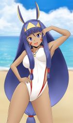 Rule 34 | 1girl, arm up, beach, clothing cutout, cloud, collarbone, competition swimsuit, covered navel, dark-skinned female, dark skin, day, earrings, fate/grand order, fate (series), fuuma nagi, hairband, hand on own hip, highleg, highleg swimsuit, hoop earrings, horizon, jewelry, long hair, looking at viewer, necklace, nitocris (fate), nitocris (fate/grand order), nitocris (swimsuit assassin) (fate), nitocris (swimsuit assassin) (second ascension) (fate), ocean, one-piece swimsuit, one eye closed, open mouth, outdoors, purple eyes, purple hair, side cutout, sky, solo, spread legs, swimsuit, thighs, very long hair, white one-piece swimsuit