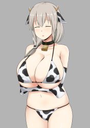 Rule 34 | 1girl, animal ears, animal print, arms under breasts, bare shoulders, bell, bikini, black collar, blush, breasts, cleavage, closed eyes, collar, collarbone, covered erect nipples, cow ears, cow horns, cow print, cow print bikini, cowbell, cowboy shot, crossed arms, elbow gloves, gloves, grey background, groin, hair between eyes, highres, horns, huge breasts, long hair, low ponytail, mature female, nao (ritsancrossover), navel, neck bell, open mouth, print bikini, silver hair, simple background, skindentation, solo, standing, string bikini, swimsuit, thigh gap, thighs, underboob, uzaki-chan wa asobitai!, uzaki tsuki, white bikini, white gloves