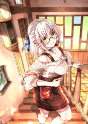 Rule 34 | 1girl, alternate costume, between breasts, black skirt, blue ribbon, bracelet, braid, breasts, choker, cleavage, clock, collarbone, drawing (object), glasses, green eyes, hair between eyes, hair ribbon, hand on railing, hero (10cl3), highres, hololive, indoors, jewelry, large breasts, looking at viewer, mole, mole on breast, off-shoulder sweater, off shoulder, picture frame, plaid, plaid skirt, pocketbook, ribbed sweater, ribbon, round eyewear, shirogane noel, shirogane noel (casual), short hair, silver hair, skirt, smile, solo, stairs, standing, strap, sweater, virtual youtuber, white sweater