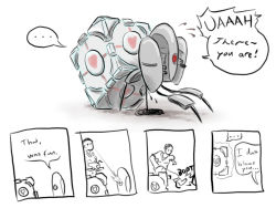 Rule 34 | ..., 1boy, aperture science handheld portal device, chell, cube, english text, heart, portal (series), portal 1, sequential, sex, text focus, sentry turret (portal), valve, aperture science weighted companion cube, what