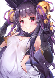 Rule 34 | 1girl, absurdres, animal ears, bare shoulders, bell, black gloves, blush, breasts, dress, elbow gloves, erune, fur trim, gloves, granblue fantasy, hair ornament, highres, jingle bell, lips, long hair, looking at viewer, medium breasts, parted lips, purple eyes, purple hair, scan, short dress, simple background, solo, topia, upper body, yuel (granblue fantasy)