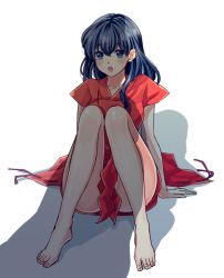 Rule 34 | 1girl, alternate costume, arm support, barefoot, black hair, blue eyes, blush, borrowed clothes, breasts, cosplay, hair between eyes, higurashi kagome, inuyasha, inuyasha (character), inuyasha (cosplay), knees to chest, knees together feet apart, long hair, motobi (mtb umk), no pants, nontraditional miko, open mouth, shadow, short sleeves, simple background, sitting, solo, sweatdrop, white background
