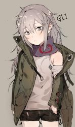 Rule 34 | 1girl, absurdres, bare shoulders, black shorts, blouse, blush, brown background, character name, closed mouth, clothing cutout, cowboy shot, g11 (girls&#039; frontline), girls&#039; frontline, green jacket, grey background, grey eyes, grey shirt, hair between eyes, hand in pocket, head tilt, highres, hiranko, jacket, unworn jacket, long hair, looking at viewer, messy hair, open clothes, scarf, shirt, shorts, shoulder cutout, silver hair, simple background, solo, thighs, very long hair, white shirt