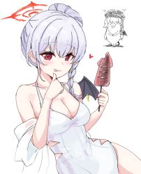 Rule 34 | 1girl, black wings, blue archive, blush, braid, breasts, cleavage, closed mouth, collarbone, covered navel, demon wings, fake wings, food, grey hair, hair between eyes, halo, haruna (blue archive), heart, holding, holding food, ikayaki, large breasts, long hair, red eyes, red halo, rumiya9i, side braid, simple background, single wing, smile, solo, tongue, tongue out, white background, wings