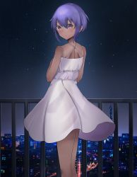 Rule 34 | 1girl, absurdres, bare legs, bare shoulders, breasts, building, dark-skinned female, dark skin, eyebrows hidden by hair, fate/grand order, fate/prototype, fate/prototype: fragments of blue and silver, fate (series), fence, hair between eyes, hairband, hassan of serenity (fate), highres, looking at viewer, looking back, night, night sky, outdoors, purple eyes, purple hair, short hair, skirt, sky, solo, taruto (takug0812)