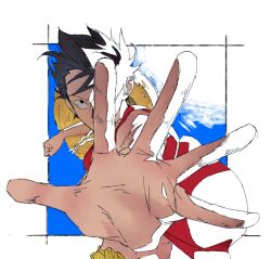 Rule 34 | 1boy, black hair, floating hair, hat, highres, looking up, male focus, monkey d. luffy, obobkkp, one piece, red shirt, sash, scar, scar on face, shirt, short hair, sky, solo, straw hat, upper body, yellow sash