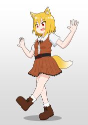 Rule 34 | 1girl, absurdres, akirataityo-chan, animal ear fluff, animal ears, belt, black belt, black dress, blonde hair, boots, brown footwear, collared shirt, commentary request, cookie (touhou), dress, fang, fox ears, fox girl, fox tail, full body, grey background, hands up, highres, looking down, medium bangs, miramikaru riran, open mouth, pinafore dress, red eyes, shirt, short hair, short sleeves, skin fang, sleeveless, sleeveless dress, smile, socks, solo, tail, walking, white shirt, white socks