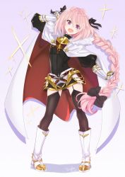 Rule 34 | 1boy, astolfo (fate), bad id, bad twitter id, black thighhighs, blush, boots, braid, cape, fang, fate/apocrypha, fate/grand order, fate (series), garter straps, gauntlets, hair ribbon, highres, long hair, male focus, open mouth, pink hair, purple eyes, ribbon, single braid, smile, solo, tanaka kii, thighhighs, v-shaped eyebrows, very long hair