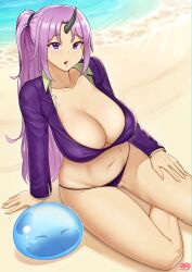 Rule 34 | 1girl, arm at side, arm support, artist name, bare legs, beach, belly, bikini, black horns, breasts, cleavage, collarbone, collared jacket, crop top, cropped jacket, hand on own thigh, horns, jacket, kono (xerondan321), large breasts, light rays, long hair, long sleeves, looking at viewer, navel, on ground, open mouth, outdoors, parted bangs, pink hair, ponytail, purple bikini, purple eyes, purple jacket, rimuru tempest, rimuru tempest (slime), sand, shion (tensei shitara slime datta ken), short eyebrows, sidelocks, single horn, sitting, string bikini, swimsuit, tensei shitara slime datta ken