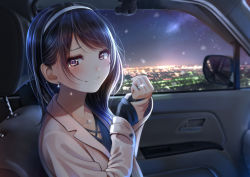 Rule 34 | 1girl, aged up, black hair, car interior, christmas, diffraction spikes, earrings, hairband, jewelry, kentaurosu, long hair, looking at viewer, marriage proposal, necklace, night, original, red eyes, ring, solo, tears, wedding band