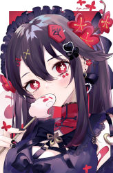 Rule 34 | 1girl, bandaid, bandaid on arm, black bow, black dress, black nails, blush, bow, bow earrings, candy, commentary request, dress, earrings, facial mark, flower, flower-shaped pupils, flower tattoo, food, gen arare, genshin impact, ghost, hair bow, hair branch, hair flower, hair ornament, headdress, heart, heart earrings, heart hair ornament, heart o-ring, highres, holding, holding candy, holding food, holding lollipop, hu tao (genshin impact), jewelry, lollipop, looking at viewer, nail art, nail polish, pearl earrings, plum blossoms, red eyes, red flower, solo, symbol-shaped pupils, talisman, tattoo, upper body