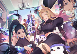 Rule 34 | 5girls, ahri (league of legends), akali, animal ears, aqua eyeshadow, aqua hair, balloon, bare shoulders, black gloves, black hair, black legwear, black nails, blonde hair, blue eyes, blue headband, blue sky, bracelet, blowing bubbles, can, catttleo, chewing gum, closed eyes, closed mouth, collarbone, day, double bun, drink can, earrings, evelynn (league of legends), eyeshadow, fingernails, fox ears, fox tail, garter straps, gloves, hair bun, half-closed eyes, headband, highres, holding, holding can, holding stuffed toy, holding sword, holding weapon, indoors, jewelry, k/da (league of legends), kai&#039;sa, kitsune, league of legends, lipstick, long hair, makeup, multicolored hair, multiple girls, nail polish, parted lips, pink hair, ponytail, puffy sleeves, purple eyes, purple hair, red lips, seraphine (league of legends), single hair bun, sky, sleeves rolled up, smile, soda can, standing, stuffed animal, stuffed toy, sword, tail, teddy bear, the baddest ahri, the baddest akali, the baddest evelynn, the baddest kai&#039;sa, thighhighs, turtleneck, weapon, wooden sword