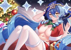 Rule 34 | 1girl, alternate costume, arm up, blue hair, blue hood, blush, bow, bowtie, box, breasts, bright pupils, brown eyes, capelet, chinese commentary, christmas, christmas lights, christmas tree, cleavage, drill hair, drill sidelocks, feet out of frame, fur-trimmed capelet, fur trim, genshin impact, gift, gift box, green bow, green bowtie, hair between eyes, hand on own head, hand up, highleg, highleg panties, knees up, large breasts, layla (genshin impact), leaning back, long bangs, long hair, looking at viewer, lupang de tuanzi, navel, panties, panty straps, parted lips, red capelet, red panties, santa costume, sidelocks, sitting, solo, sparkle print, stomach, striped bow, striped bowtie, striped clothes, thighhighs, two-tone bowtie, underwear, very long hair, white pupils, white thighhighs, zettai ryouiki