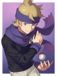 Rule 34 | 1boy, asada hachi, black sweater, blonde hair, border, closed mouth, commentary, creatures (company), game freak, gym leader, hand up, headband, highres, long sleeves, male focus, morty (pokemon), nintendo, outside border, pants, poke ball, poke ball (basic), pokemon, pokemon hgss, purple eyes, purple headband, purple scarf, scarf, smile, solo, sweater, tareme, white pants