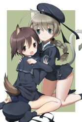 Rule 34 | alternate costume, animal ears, bkf3110, brown eyes, brown hair, cat ears, cat tail, cosplay, dog ears, dog tail, dress, hand on another&#039;s chest, hand on another&#039;s shoulder, hat, highres, kantai collection, long hair, lynette bishop, miyafuji yoshika, panties, sailor, sailor collar, sailor dress, sailor hat, school swimsuit, short hair, socks, strike witches, swimsuit, swimsuit under clothes, tail, underwear, unworn hat, unworn headwear, world witches series, yuri, z1 leberecht maass (kancolle), z1 leberecht maass (kancolle) (cosplay), z3 max schultz (kancolle), z3 max schultz (kancolle) (cosplay)