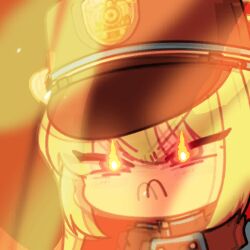 Rule 34 | 1girl, :c, acomu414, angry, animated, animated gif, bad source, black coat, black hat, blue archive, chibi, coat, commentary, fire, flaming eyes, frown, green hair, half-closed eyes, hat, long hair, looping animation, lowres, nozomi (blue archive), peaked cap, solo, symbol-only commentary, train conductor, transparent background, twintails, upper body, v-shaped eyebrows